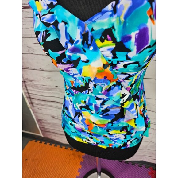 Caribbean Joe Bathing Suit Top Women's Size 10 Blue Multi Cups Light Padding - Picture 4 of 11